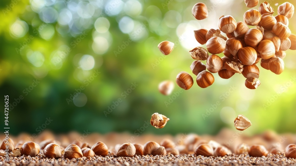 Poster a bunch of nuts are scattered on the ground, with some of them being broken open