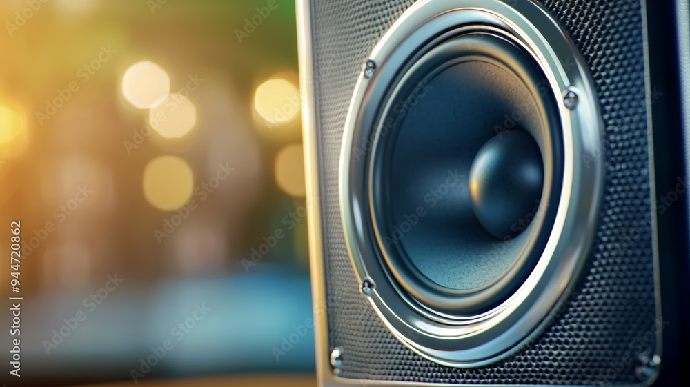 Poster a speaker with a large speaker cone sits on a table