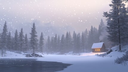 snowy winter landscape, where tall pine trees stand covered in a thick blanket of snow.