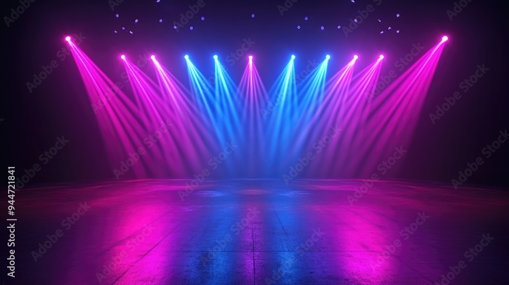 Poster 3D rendering featuring blue pink and violet stage lighting with lens flare effects and radiant star rays creating an abstract display of glowing neon lights against a black background