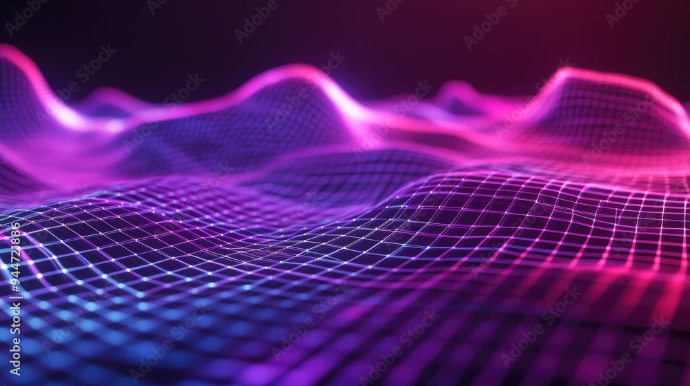 Poster 3d rendering of a neon grid terrain with gradient effects visualization of data generated through sc