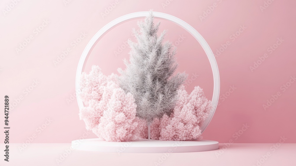 Poster 3d rendering of a minimalist design featuring a soft fluffy coniferous tree with a white crown set a