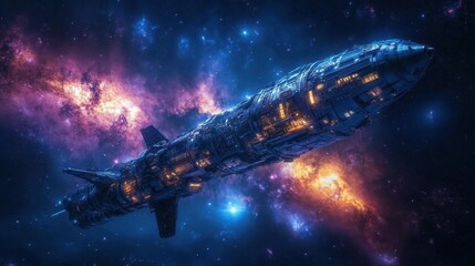 Obraz premium Futuristic Spaceship in Deep Space Starry Night