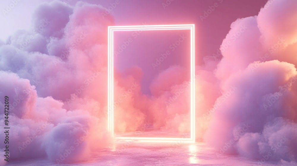Aufkleber 3d rendering of an abstract minimalist background featuring pastel clouds and a glowing linear squar