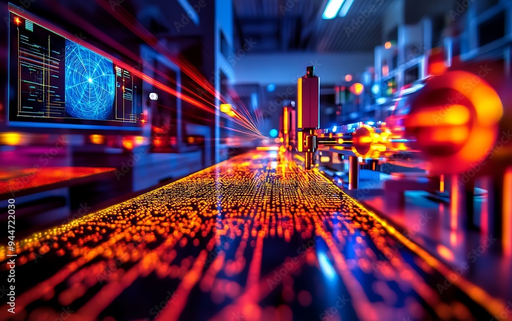 Poster Quantum Experiment with Laser Beams Creating Glowing Patterns in Scientific Lab