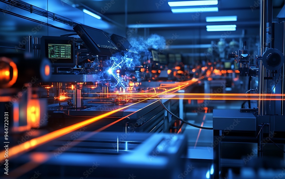 Poster Quantum Experiment with Laser Beams Creating Glowing Patterns in Scientific Lab