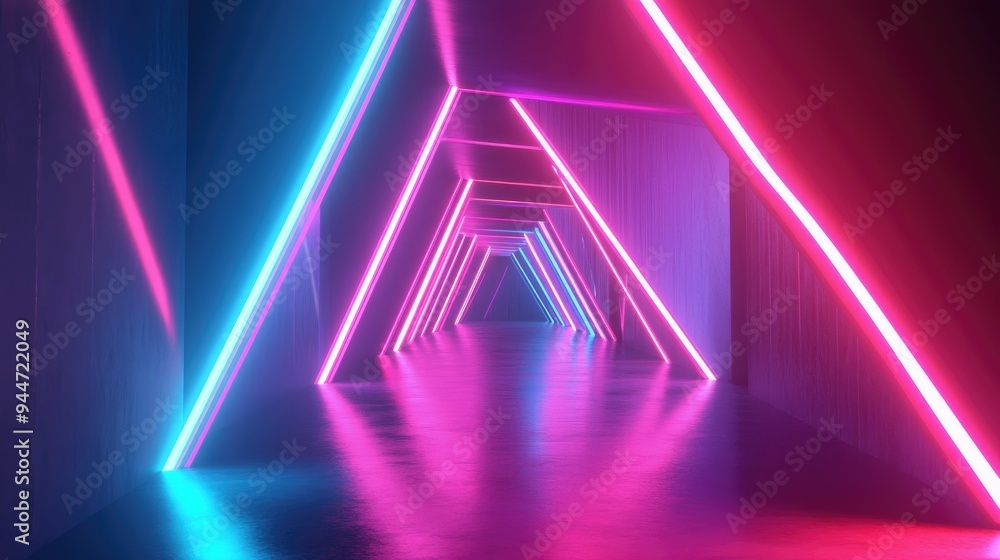 Poster 3d rendering of an abstract minimalist background featuring vibrant glowing neon lines and geometric