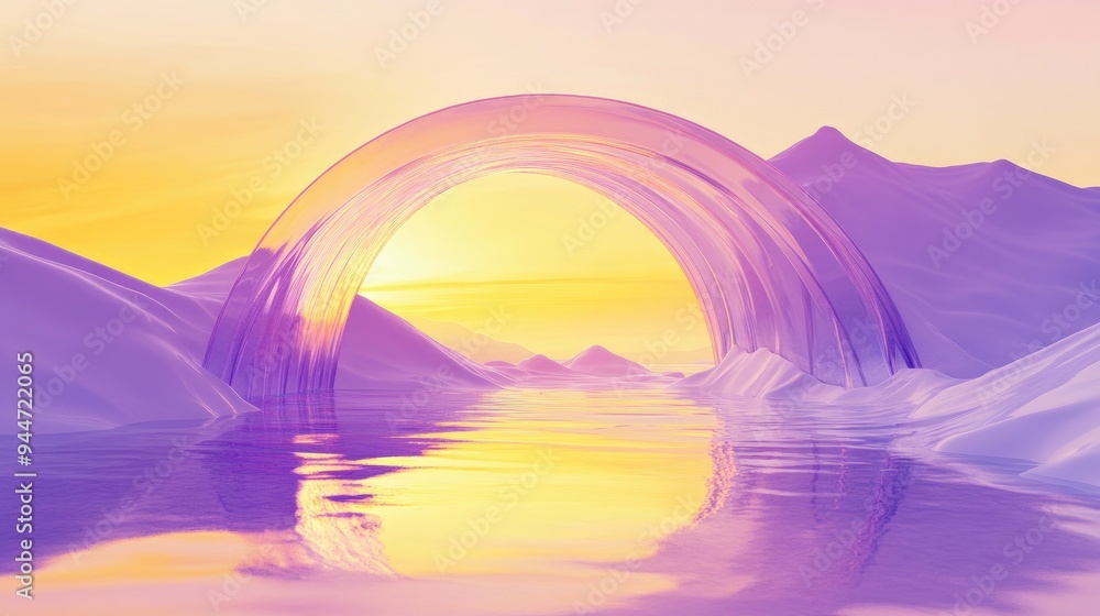 Poster 3d rendering of an abstract surreal landscape featuring a violet and yellow gradient sunset with hil