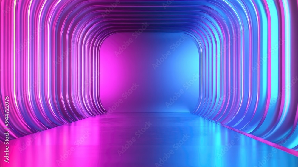 Poster 3d rendering of an abstract neon background in pink and blue featuring a rounded frame that emits a 