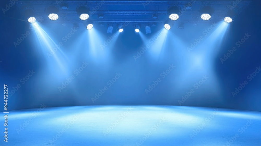 Poster bright white lights with a blue background spotlights highlight an empty stage in an abstract settin