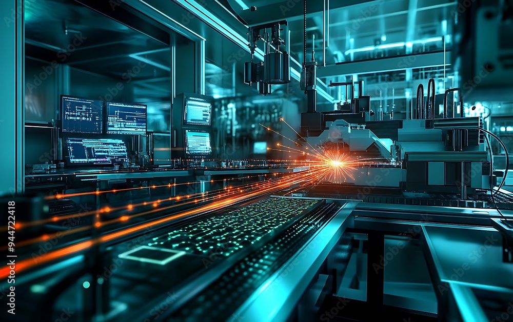 Poster Quantum Experiment with Laser Beams Creating Glowing Patterns in Scientific Lab