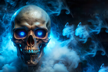 Fototapeta premium Glowing Skull In Blue Smoke - Halloween Concept 