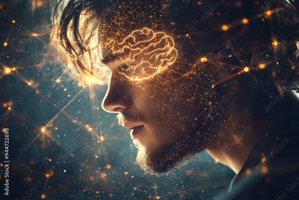 Poster a dramatic and introspective portrait of a man with a glowing brain and neural connections symbolizi