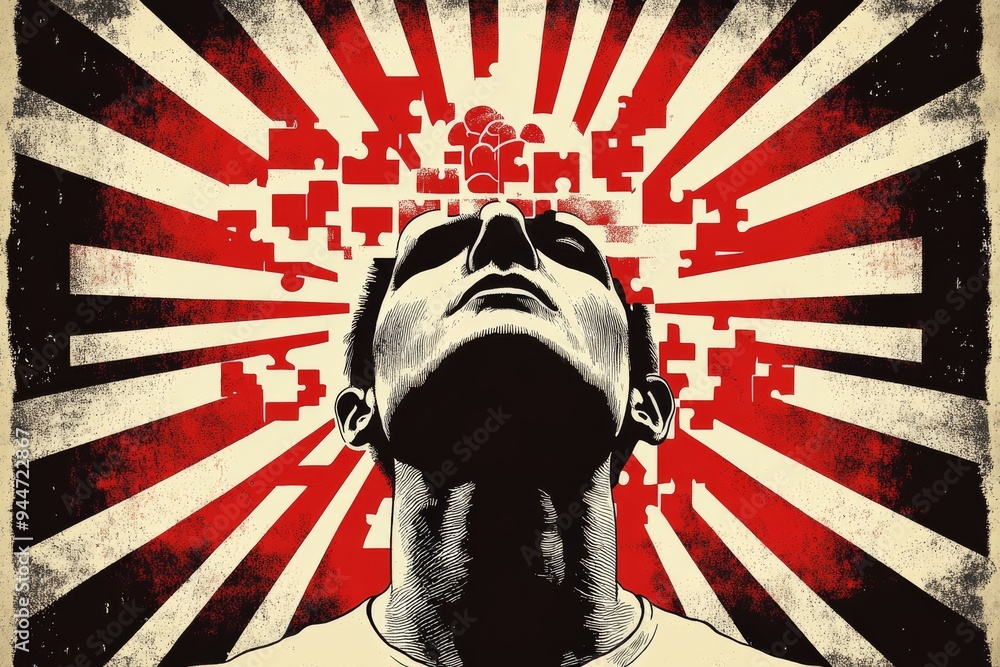Poster a bold and powerful digital artwork of a man with puzzle pieces dissolving from his head against a s