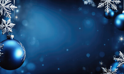 A blue Christmas ornament hangs against a blue background with snowflakes and white lights