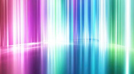 Abstract background featuring glowing perpendicular lines in vibrant hues of green blue white pink and violet on a shiny reflective surface