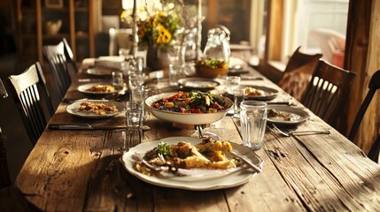 rustic wooden dining table set for a family meal.