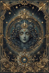 Card-style Cancer illustration with dark gray, gold, and azure tones. 🌟 Glass star adds celestial elegance, blending Cancer's nurturing spirit with Leo's regal charm. ✨