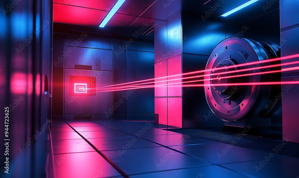 Poster high-tech laser security system with crisscrossing beams protecting artifacts in vault