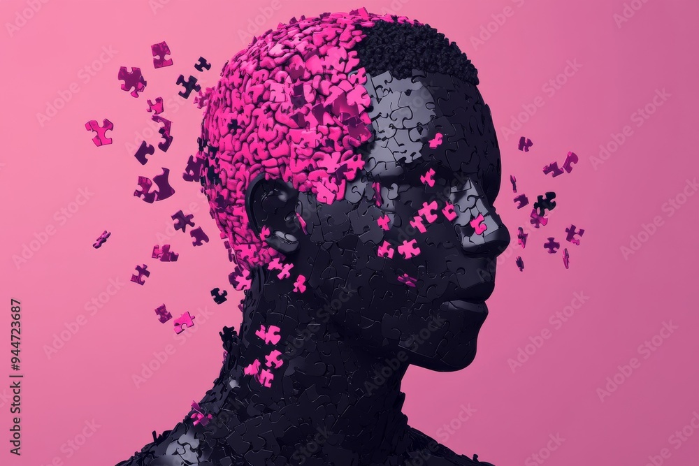 Poster a surreal and colorful portrait of a young man with puzzle pieces floating from his head symbolizing
