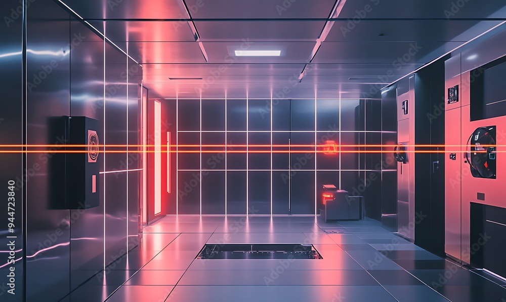 Poster high-tech laser security system with crisscrossing beams protecting artifacts in vault