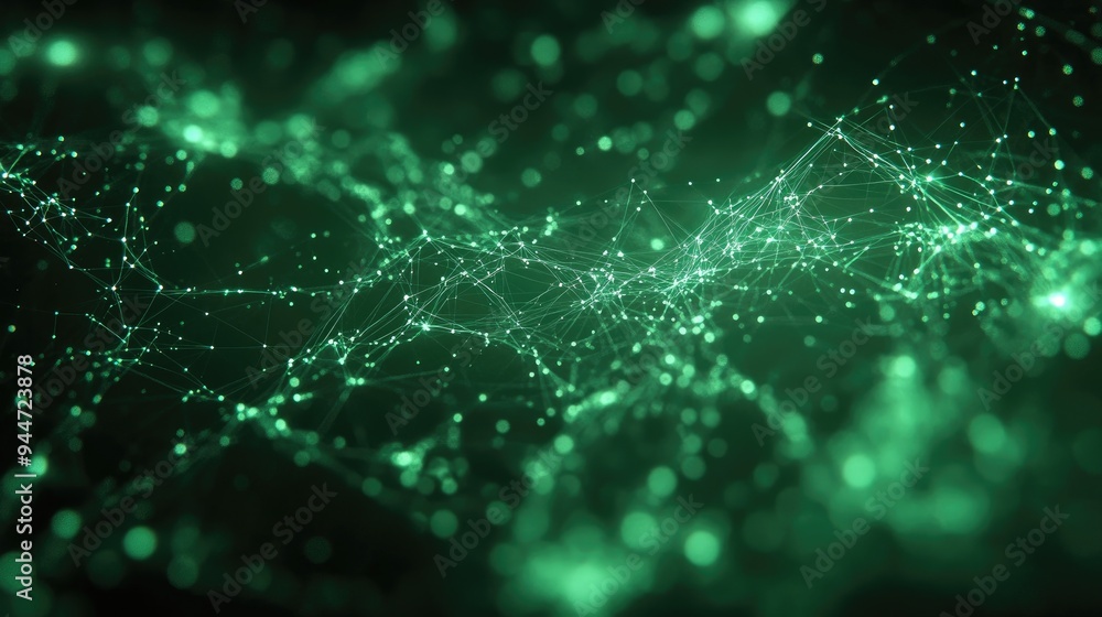 Poster abstract green technology background featuring connected particles and plexus lines illuminated by s