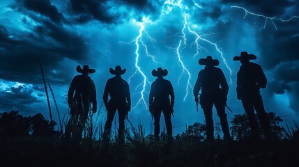 Stormy night as cowboys stand in silhouette under dramatic lightning