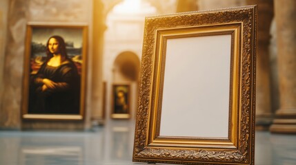 Empty Frame in Art Gallery: A blank canvas within a classic ornate frame stands ready for your masterpiece, surrounded by the timeless beauty of an art gallery.