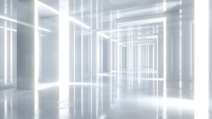 Obraz premium Abstract white architectural backdrop featuring neon illumination Night perspective highlighted by backlighting 3D rendering and illustration