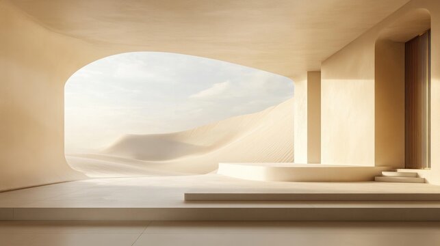 Contemporary minimalist interior featuring sand dunes view 3D visualization Clean backdrop with a podium for showcasing and presentations Elegant architectural design in the space