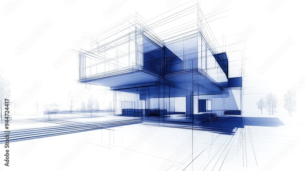 Poster contemporary architectural design featuring an abstract representation in blueprint or wire frame st