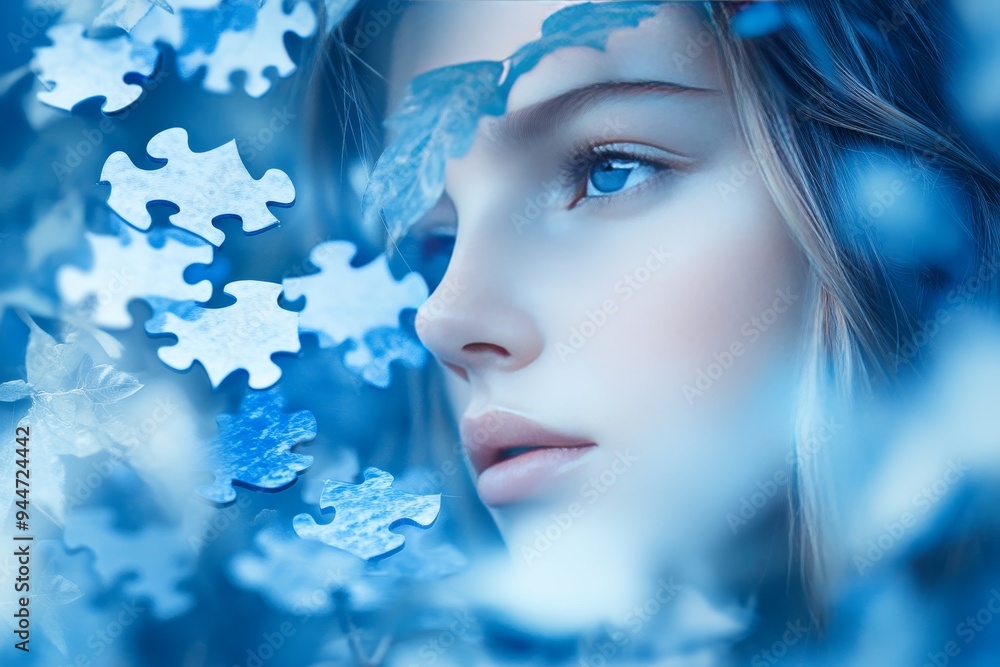 Poster surreal portrait of a woman with her face partially covered by large blue puzzle pieces symbolizing 