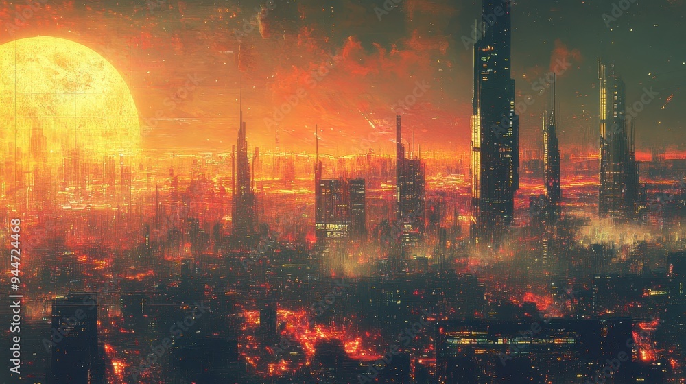 Poster Futuristic Cityscape with Red Sky and Large Moon