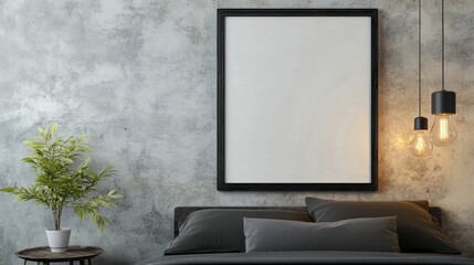 Modern Minimalist Bedroom Mockup: A sleek and contemporary bedroom interior featuring a large framed canvas mockup, a gray bed with cushions, a potted plant.