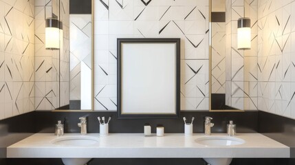 Modern Bathroom Mockup: A sleek and stylish bathroom interior with double sinks, a mirror, and a blank frame, perfect for showcasing your designs or branding.  