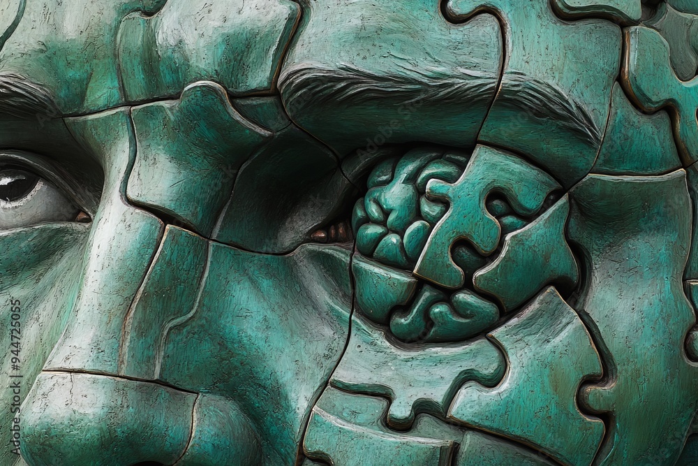 Poster a dark and intricate sculpture of a human face with puzzle lines representing the complex maze of hu