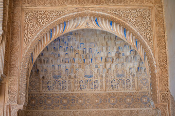 Detailed view of the architecture in Nasrid Palace, Alhambra, Granada.