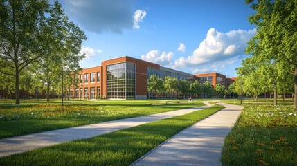 Fototapeta premium Modern Brick Office Building with Green Landscaping and Walkways