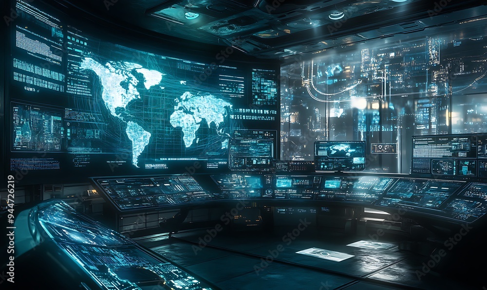Poster Futuristic Control Room with Holographic Displays of Global Networks, Highlighting Advanced Technology