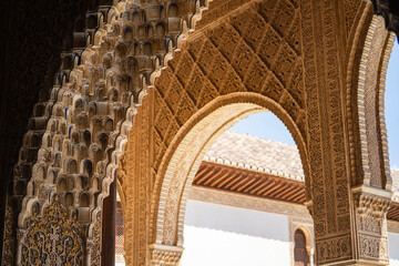 Detailed view of the architecture in Nasrid Palace, Alhambra, Granada.