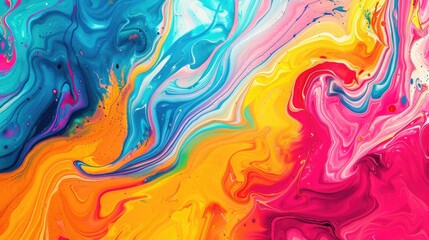 Abstract marbled acrylic paint background featuring bold rainbow color swirls.