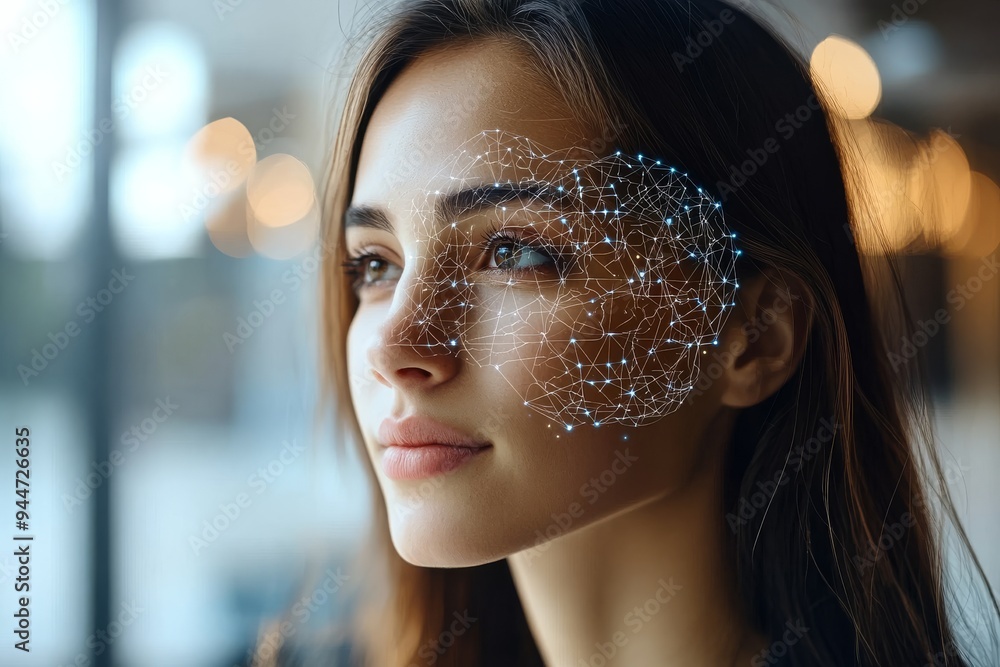 Aufkleber a reflective portrait of a woman with her face illuminated by holographic neural networks symbolizin