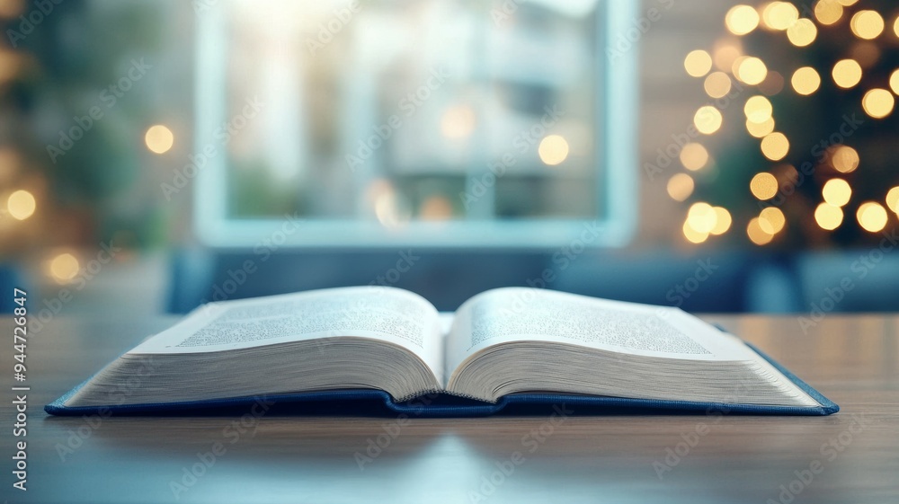 Poster a book is open on a table with a christmas tree in the background