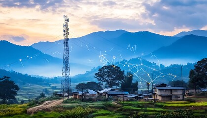 Rural Village with Telecommunication Tower, Symbolizing Global Connectivity in Remote Areas