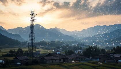 Rural Village with Telecommunication Tower, Symbolizing Global Connectivity in Remote Areas