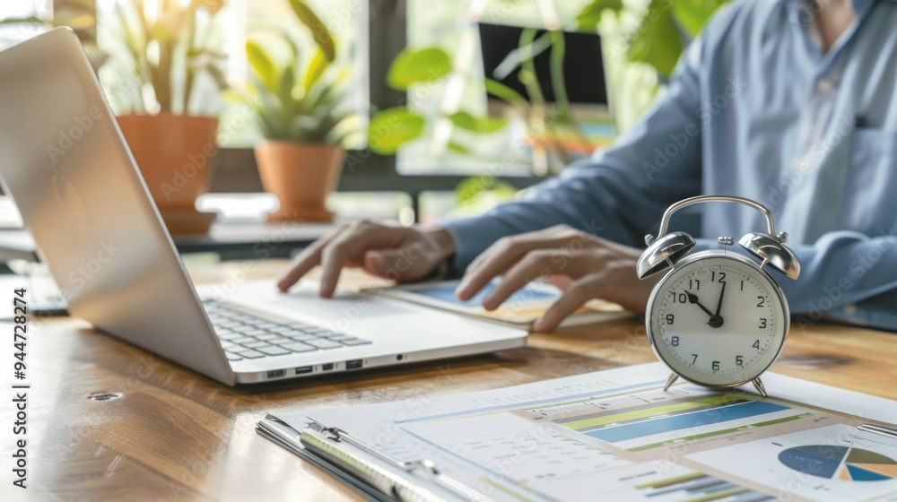 Poster alarm clock on table in front of businessman using a laptop, illustrating time management.