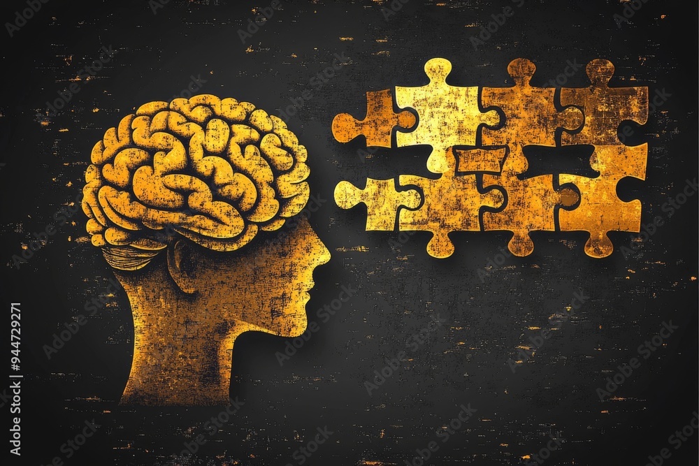 Poster a golden hued illustration of a human brain with puzzle pieces floating away symbolizing the complex