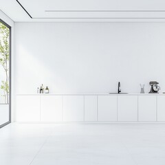 Minimalist White Kitchen Interior with Sink  Countertop  and Cabinets