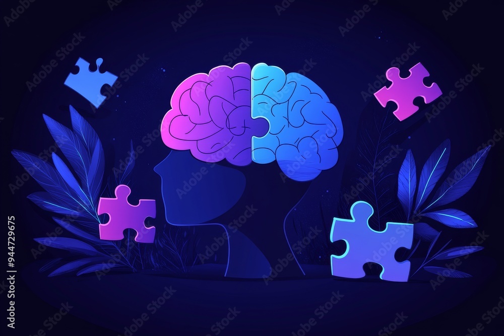 Poster A vibrant and symbolic digital illustration of brains and puzzle pieces in contrasting colors representing the duality of thought and the integration of different cognitive processes