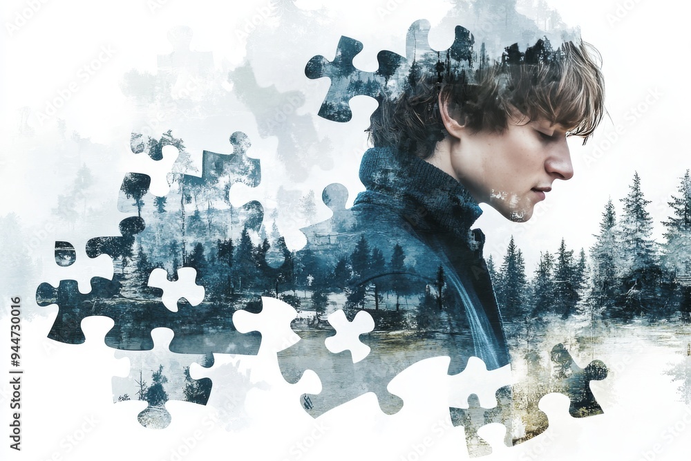 Poster young man with fragmented identity represented by puzzle pieces blending into a serene winter landsc